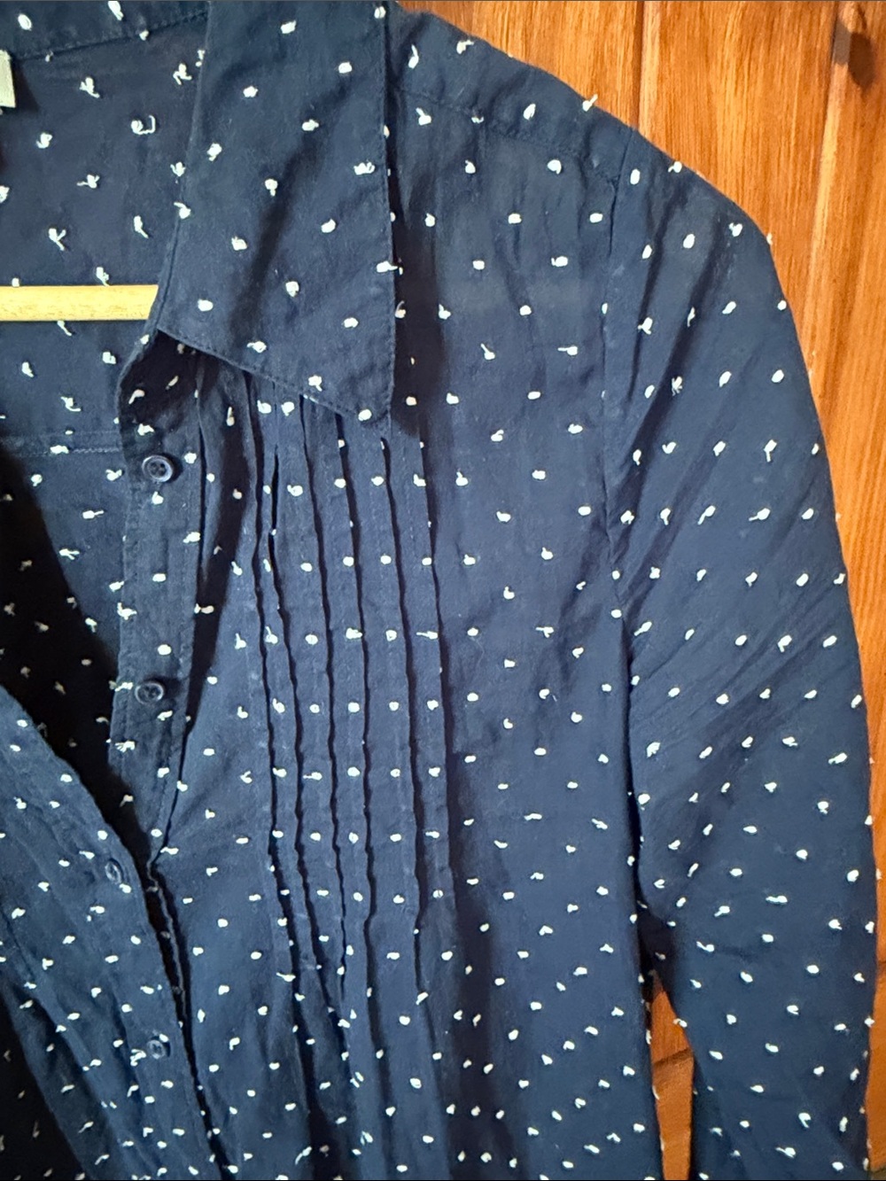 Joie Navy Blue White Polka Dot 100% cotton Blouse Pintuck Detail - Small - Picture 5 of 6